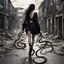 Placeholder: a woman with dark hair walking on octopus legs, down a derelict street