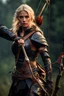 Placeholder: blonde female hunter with a bow and arrow wearing leather half armour dark fantasy Realistic 4k