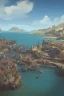 Placeholder: medieval fishing town, rocks, long piers, fishing boats, shops, blue sky