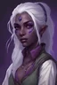 Placeholder: a realistc female drow rogue from Dungeons and Dragons wearing peasants clothes. She has dark purple skin, purple eyes, white hair, and looks to be in her early twenties. Her forehead is clear. She is not wearing any facial jewelry. There are no jewelry or gems on her face. There are no markings on her face. She has nothing on her forehead, she has no makeup around her eyes.