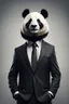 Placeholder: Panda dressed in a classy dark suit, standing as a confident leader and a powerful businessman. Fashion portrait of an anthropomorphic animal posing with a charismatic human attitude