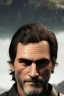 Placeholder: A portrait of Joaquin Phoenix in his early 30s, long beachy haircut, black hair, on a rocky island, in ebony armor from Skyrim, melancholic and dangerous facial expression, half-smiling