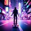 Placeholder: photo of a ninja riding a skateboard; in an alternate universe in tokyo; cyberpunk; realistic; rain; neon signs