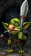 Placeholder: A short green goblin with a bulbous nose, mid-sneeze, eyes watering, holding a rusty dagger, tattered leather armor, exaggerated cartoon realism, dungeon background, humorous fantasy illustration, high detail