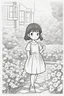 Placeholder: A little girl exploring a garden filled with square-shaped flowers and bushes. Incorporate squares for flower petals, windows, and garden pathways.,very happy , Colloring page for todlliers ; basic hawali style cartoon , black and white , ink outlines , , smooth , anime style , minimalist , cute eyes , full body , white shose , sketchbook , realistic sketch , free lines , on paper , character sheet , clean line art high detailed