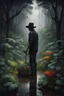 Placeholder: dark and tranquil bosque with much flora and rain , a man with a hat is gardening