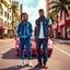 Placeholder: A vibrant, cinematic “Grand Theft Auto: Vice City”-style poster set in a pastel-colored Miami street with Art Deco buildings, tall palm trees, and warm sunlight. Two stylish men stand confidently in front of a vintage Lamborghini Countach. One man wears a blue Adidas tracksuit with white sneakers, hands in pockets, sporting short dreadlocks and a casual relaxed expression. The other man wears a denim vest over a white T-shirt, dark jeans, a bandana, and gold accessories, giving a cool streetwear