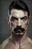 Placeholder: short wirey lean muscular trimmed goatee moustache sterm serious short black hair