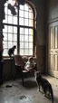 Placeholder: A baby sitting on chair in front of a big window in an abandoned damaged room , a cat out side the widow looking at him