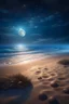 Placeholder: magic sea, beach with sand, shells, realistic, professional photo, 4k, top view, cosmic sky, stars, full moon