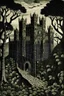 Placeholder: A black castle made out of steel in a chaotic shadow realm designed in ancient Greek mosaics painted by Henri Rousseau