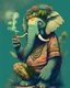 Placeholder: anthropomorphic elephant in hippie clothes smoking a joint amongst sativa and indica