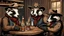 Placeholder: Anthropomorphic American badger wearing a cowboy hat and having a whiskey at the saloon with his other anthropomorphic animal buddies. Illustration.
