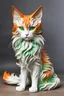 Placeholder: Sculpture of a beautiful cat with long, wavy, thick hair, pointed ears, bright green eyes, orange, black and white colors, ultra quality, (((full body))), sitting on the floor