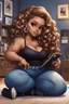 Placeholder: Create a magna art of a black chibi curvy female sitting on the floor looking at her cell phone. She is wearing tight blue jeans and a black off the shoulder blouse. Prominent make up with lush lashes. Highly detailed wavy ombre blonde and brown long hair. She is also wearing silver large hoop earrings