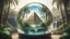 Placeholder: Glass globe encircled pyramid egypt jungle palms and waterfall, symbolizing nature, environment, sustainability, ESG, and climate change awareness, generative ai