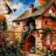 Placeholder: captivating cinematic painting masterfully blending traditional illustration, 3D rendering, and wildlife photography, depicts a picturesque old stone farmhouse with a thatched roof. The harmonious blend of artistic styles creates an atmosphere of serene tranquility, warmth, nostalgia, and timeless beauty. In the cozy home on the roof, three adorable baby swallows rest in their nest, watched over by a swift adult swallow soaring around them. Vibrant hollyhocks cascade along the walls, and hay in