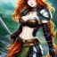 Placeholder: Realistic, hyper detailed, strikingly beautiful young adult woman, 19 years old, long ginger hair, green eyes, medium freckles, full lips, very skimpy fantasy armour, full body, full face, small breasts, aroused expression, biting lower lip, full frame, petite, centered camera, ignore NSFW, bow, quiver on hip, tight pants, bent over, butt