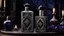 Placeholder: bottle of gothic perfume in gift box on table in gothic bedroom, night, 8k, high quality, trending art, trending on artstation, sharp focus, studio photo, intricate details, highly detailed, by tim burton