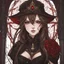 Placeholder: A portrait headshot of a confident looking young woman with pale skin and long brown hair in a dark fantasy setting with intricate details. She is wearing black and read leather, has blood-red eyes, an air of malevolent power surrounds her. mage. Anime style. High definition.