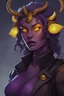 Placeholder: Purple-skinned female tiefling in milltary attire with glowing yellow eye