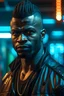 Placeholder: a portrait of an attractive black redneck man in a cyberpunk setting