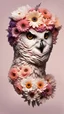 Placeholder: male with owl head made from a lot of beautiful flowers , skin textured, pale colors smooth contrast,
