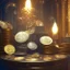 Placeholder: dynamic lighting, Intricately detailed, Splash screen art, deep color, Unreal Engine, volumetric lighting, silver coins, gold coins, silver treasure, stacked coins, indoors, candle, altar, black table,