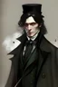 Placeholder: A man in a long black coat, with a black waistcoat and a white shirt, unbuttoned at the top . He's wearing a slightly crumpled top hat and has long brown hair. He carries a walking cane with a red crystal, round handle. He has green eyes. In the style of gothic & steam punk. He is about 28 years old.