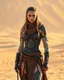 Placeholder: Dune Movie character ,fullbody stand on the desert Young Woman Warrior futuristic clothing ,deep blue eyes in Dune Movie Character