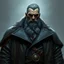 Placeholder: A large grey-skinned man with a heavy leather coat fantasy grimdark realistic