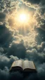 Placeholder: Sun light above swirling clouds, emerges from the heart of a raging storm. Turbulent winds of steam swirl around lit by shafts of sunlight that cast dramatic shadows on the A beautiful open book in the middle , High quality 16k cinematic scene and great photography