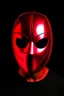 Placeholder: Create a metal mask that covers the full face. The eye openings should be recessed and obscure the wearer’s eyes, showing them as glowing red. It should be gunmetal gray color and have symmetrical holes over the mouth area that glow slightly red. It should be worn by a rabbit and have a black hood