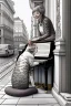 Placeholder: One single mature cat lady playing piano on the street, Vienna, friendly, model style, hyper realistic, extremely accurate, delicate, extremely detailed, Graphic novel style, wide-angle, open aperture, superfine pencil