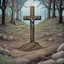 Placeholder: one dirt grave, wood cross, comic book, illustration,