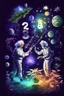 Placeholder: Albert Einstein and Richard Feynman playing with numbers in outerspace with plants, cosmic gas, stars, moons, and comets dancing around them