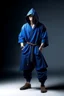 Placeholder: young human rogue in blue kimono clothing hood down full body