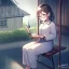 Placeholder: anime girl writing with a pencil in a book sitting on a porch swing of a very old house in the rain, wearing pajamas,wearing glasses, rain and raindrops