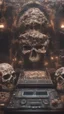 Placeholder: DJ of the damnded, insanely detailed DJ booth in hell, MID set, speakers and equipment made of bone, anatomically correct, add more skulls in th audience, photorealism, vray, 8k 3d