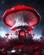 Placeholder: An illogically floating mushroom house on a clear night. white and white and red, Stars Dark cosmic interstellar. Detailed Matte Painting, deep color, fantastical, intricate detail, splash screen, hyperdetailed, insane depth, concept art, 8k resolution, trending on Artstation, Unreal Engine 5, color depth, backlit, splash art, dramatic, High Quality Whimsical Fun Imaginative Bubbly, perfect composition