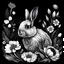 Placeholder: colorless rabbit between seeds and big flowers black background .black and white colors. for a coloring. with grayscale