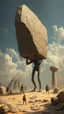 Placeholder: Bosch painting style giant aliens carrying a big stones building the Egyption paramount