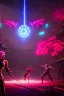 Placeholder: cyborgs fighting against each other in roman colosseum, perfect, sharp,red blossoms, laserweapongs,8k quality, cyberpunk art, neon lights, rustical, old technology, pink shining, showkampf, antik, römisches empire, drone view