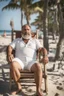 Placeholder: full figure shot photography of a tired strong muscular chubby hairy burly 55 years old ugly marocan carpenter, big nose, bullneck, beard, short hair, manly hairy chest, bulging white shorts, bulge, emotive eyes , relaxing on a chair on the beach in the sun, big shoulders, side light, sweat and wet, ground view angle , front view