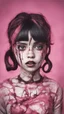 Placeholder: full color, illustration of a darkred and pink tones, menacing, Singer Melanie Martinez face, as a decayed, broken, skin turned translucent, black veins that extended like roots beneath her skin, latex suit, crude homemade cloth doll toy, with a narrow cracked porcelain face, thick dark eyebrows, hair in two gradually, made from ragged strips of cloth, in the style of Alex Pardee, Tim Burton, and Nadya Sheremet