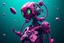 Placeholder: A hyper-realistic 3D Surreal digital painting, magenta droid mechanic, rich deep teal background, dreamlike imagery, fantastical elements, perfect body ,dymond ,