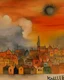 Placeholder: An orange colored western town engulfed in smoke painted by Paul Klee