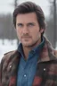 Placeholder: Blue eyes, close-up facial portrait - a Bright, well-lit UHD, 1080p 32k, photograph - winter time, hunting season, part Jesus Christ, part Elvis Presley with a mustache and short crew-cut hair, part Lee Majors, Part red and black checkered wool coat, blue jeans, cowboy boots, plaid shirt, sunbursts, crosses, 3D lighting, diamonds, hearts, Butterflies, Clovers, Roses, extremely colorful,