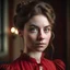 Placeholder: young woman with brown hair in victorian style wearing a red historical dress bruises under her eyes and gentle and kind face