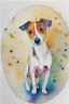 Placeholder: abstract watercolour of a jack Russell dog’s head in the style of Valerie Davide with bifurcated circles and thin pencil lines
